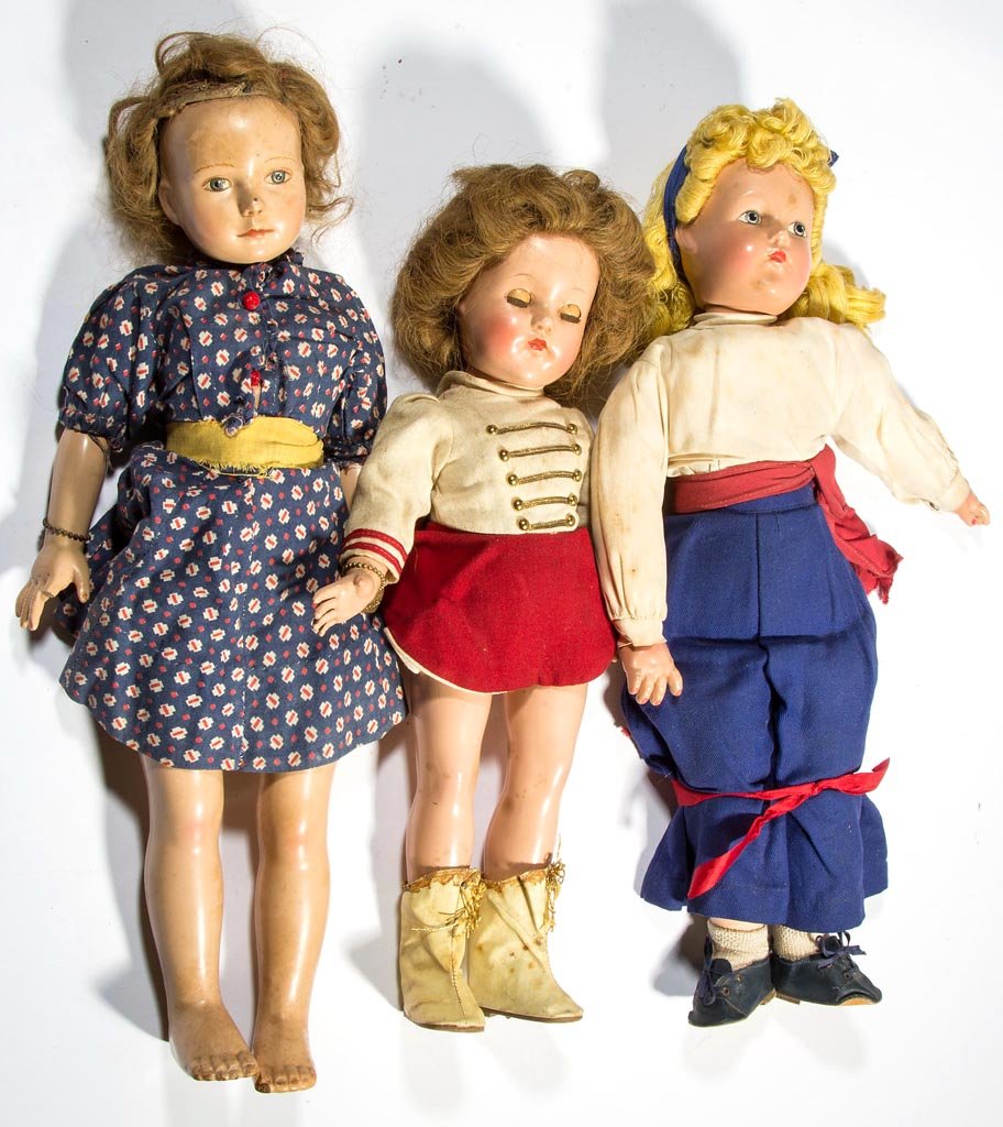EFFANBEE COMPOSITION CHARACTER DOLLS, LOT OF THREE: EFFANBEE COMPOSITION CHARACTER DOLLS, LOT OF THREE, each with appropriate markings, two with arm tags, vintage clothing. Mid-20th century. 17" to 20" H. Provenance: From an Augusta Co., VA family.