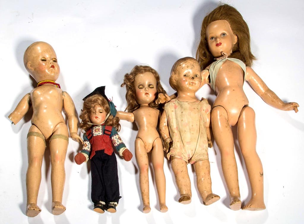 ASSORTED COMPOSITION DOLLS, LOT OF FIVE: ASSORTED COMPOSITION DOLLS, LOT OF FIVE, one marked for Effanbee. First half 20th century. 11" to 19" H. Provenance: From an Augusta Co., VA family.