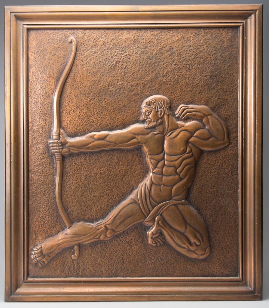 ALBERT GILLES (FRANCE, 1895-1979) ART DECO COPPER WALL: ALBERT GILLES (FRANCE, 1895-1979) ART DECO COPPER WALL PLAQUE, depicting a muscular archer, self-framed, signed below figure. 20th century. 23" x 20". Provenance: Collection of the late Margaret "Magg