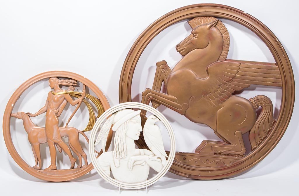 ART DECO PLASTER RELIEF WALL PLAQUES, LOT OF THREE: ART DECO PLASTER RELIEF WALL PLAQUES, LOT OF THREE, middle-sized example with "New Art Wares" paper label, each with original painted surface. 20th century. 12" to 25" D. Provenance: Collection of the