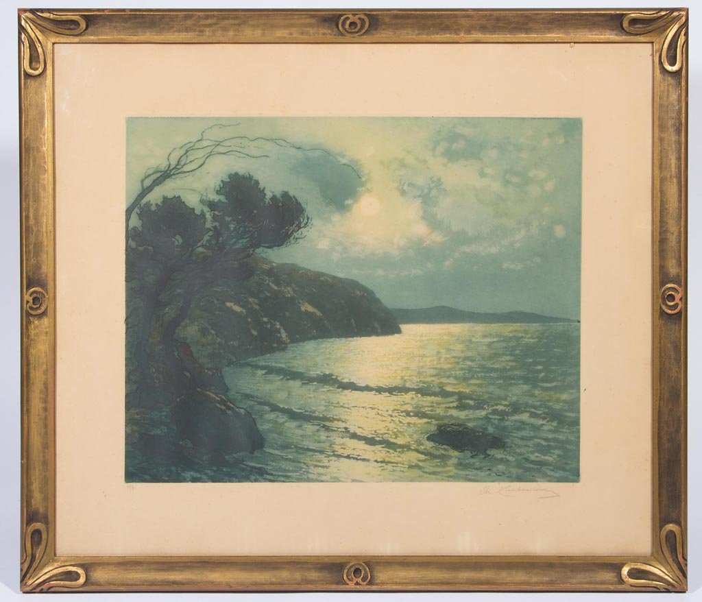 FRENCH ARTS & CRAFTS AQUATINT PRINT: FRENCH ARTS & CRAFTS AQUATINT PRINT, published by L'Estampe Moderne, Paris, copyright by F. H. Bresler, 1922, illegible signature in pencil, lower right, penciled number and blind stamp lower left. Or