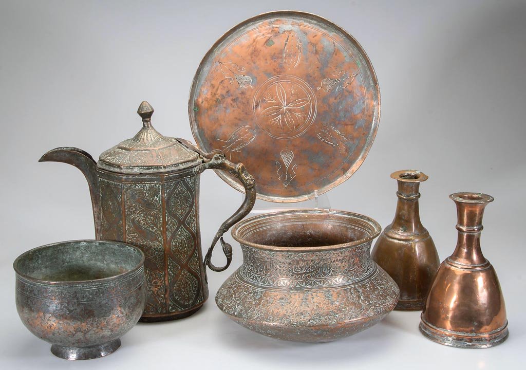 MIDDLE EASTERN / PERSIAN COPPER ARTICLES, LOT OF SIX: MIDDLE EASTERN / PERSIAN COPPER ARTICLES, LOT OF SIX, including a coffee pot. 19th and/or 20th century. Pot 11 1/2" HOA. Provenance: Property of a Lexington, Virginia family.