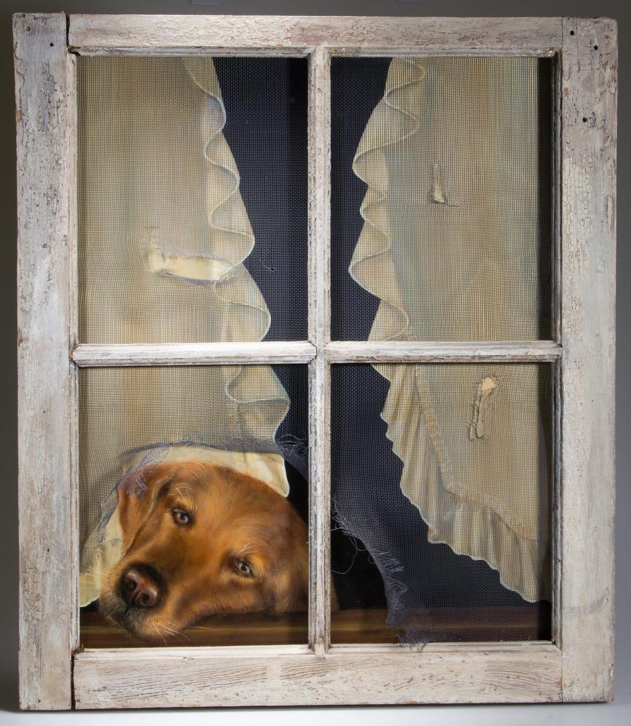 AMERICAN SCHOOL (20TH CENTURY) TROMPE L'OEIL DOG: AMERICAN SCHOOL (20TH CENTURY) TROMPE L'OEIL DOG PAINTING, mixed media on panel, depicting a golden retriever resting head on window sill with torn screen and white-painted window sash, signed lower r
