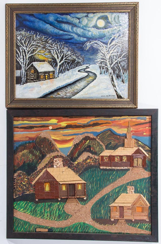 AMERICAN SCHOOL (20TH CENTURY) PRIMITIVE PAINTINGS, LOT: AMERICAN SCHOOL (20TH CENTURY) PRIMITIVE PAINTINGS, LOT OF TWO, comprising a mixed media depicting two log cabins and a church, signed "Leroy Marshall 12-15-1979" lower left; and an oil on artist boar