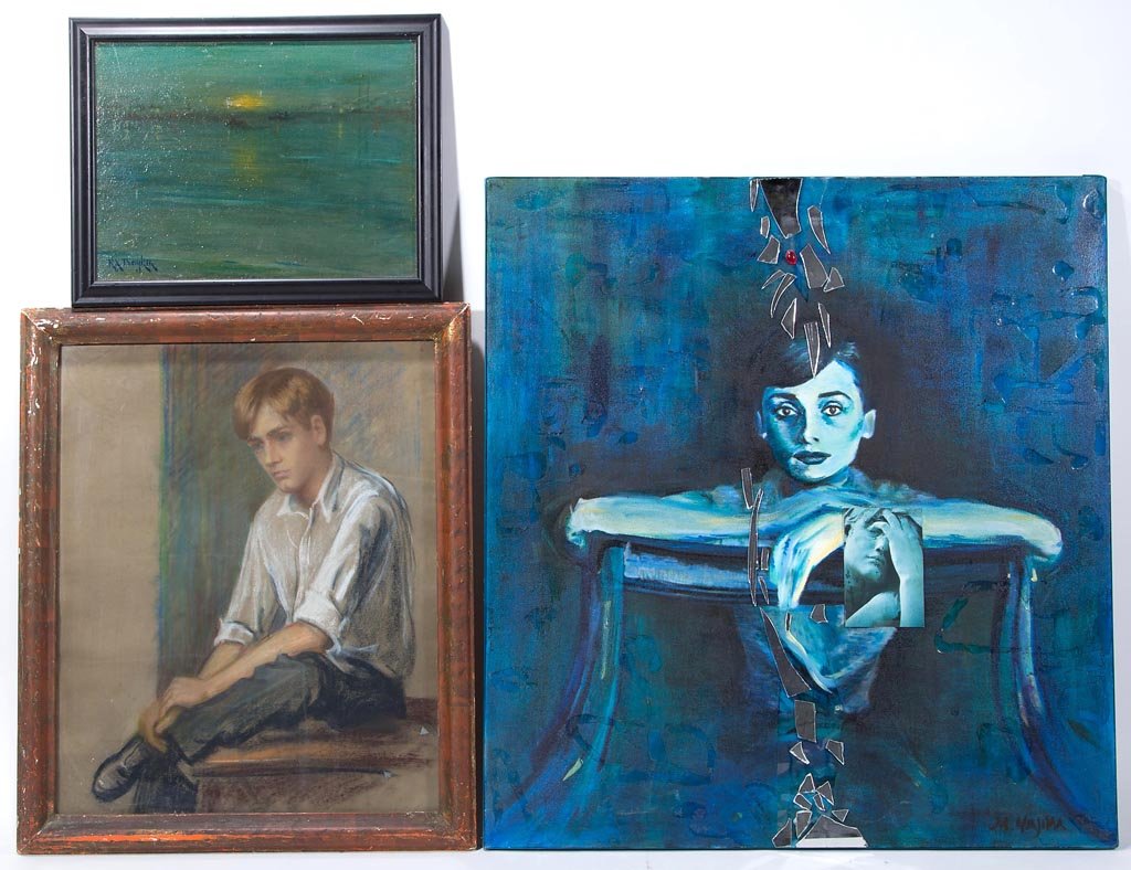 ASSORTED ART WORK, LOT OF THREE: ASSORTED ART WORK, LOT OF THREE, comprising a mixed media modern example signed "Miho Yajima" lower right and verso, an oil on board sunset signed "RX Boykin", and a charcoal portrait labeled on the v