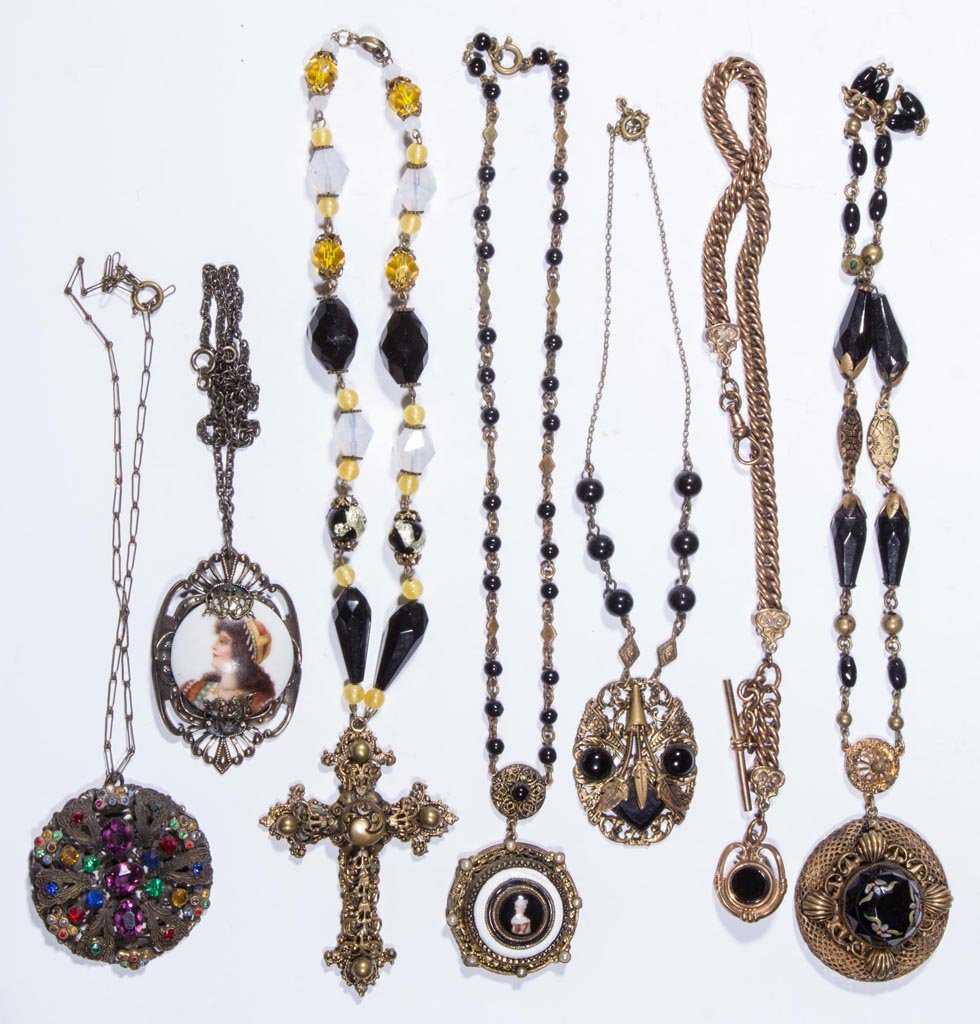 VINTAGE COSTUME JEWELRY, LOT OF SEVEN PIECES: VINTAGE COSTUME JEWELRY, LOT OF SEVEN PIECES, including six necklaces and a watch chain with fob, set with ebony and other colored stones/glass. Several probably Czechoslovakia and/or Austria. First h