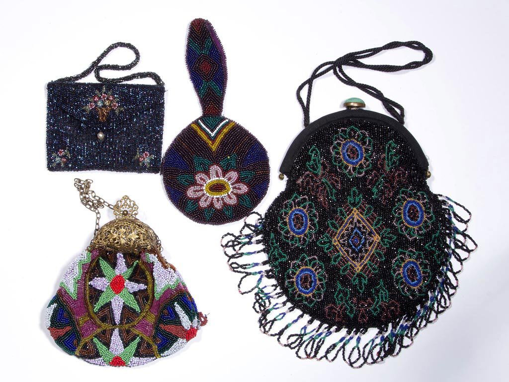 VINTAGE LADY'S BEADED PURSES, LOT OF FOUR: VINTAGE LADY'S BEADED PURSES, LOT OF FOUR, assorted styles, including one with an ornate gold-tone metal frame, floral design, and original chain, and one with beaded handle, floral design and cloth m