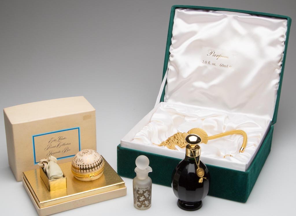 ASSORTED VINTAGE PERFUME BOTTLES, LOT OF THREE: ASSORTED VINTAGE PERFUME BOTTLES, LOT OF THREE, comprising a peacock green Grace de Monaco set with atomizer in the original box, retaining most/all of the perfume, Flambeau Faberge Bedtime Perfume, a