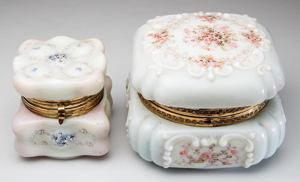 WAVE CREST DRESSER BOXES, LOT OF TWO: WAVE CREST DRESSER BOXES, LOT OF TWO, opal, comprising an Egg Crate mold and a Rococo Swirl mold, each with polychrome floral decoration. The C. F. Monroe Co. Fourth quarter 19th century. 3 1/4" and 4