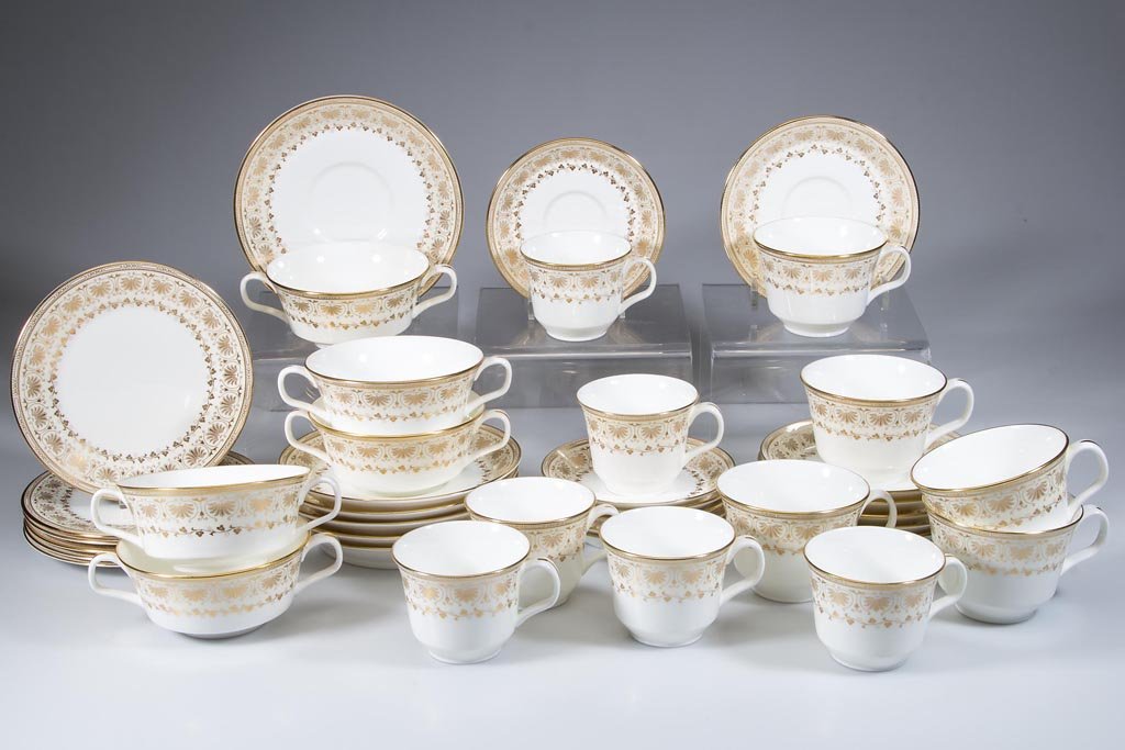 MINTON CHINA "JUBILEE" PARTIAL DINNER SERVICE, LOT OF: MINTON CHINA "JUBILEE" PARTIAL DINNER SERVICE, LOT OF 40, comprising six 6 1/4" bread and butter plates, six demitasse cups and saucer sets, five cups and six saucer sets, and five double-handled crea