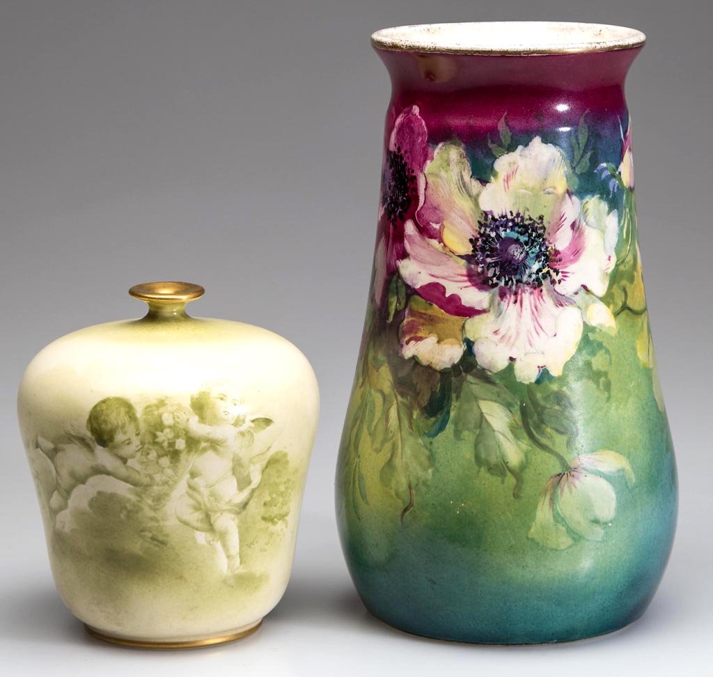 GERMAN ROYAL BONN CERAMIC VASES, LOT OF TWO: GERMAN ROYAL BONN CERAMIC VASES, LOT OF TWO, small example decorated with winged cherubs, larger with poppies. Each with appropriate markings. Late 19th/early 20th century. 4 1/2" and 8" H. Provenance