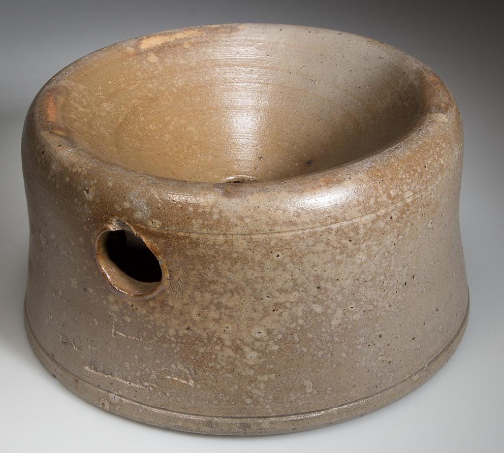STAMPED "B. C MILBURN, / ALEXA", ALEXANDRIA, VIRGINIA: STAMPED "B. C MILBURN, / ALEXA", ALEXANDRIA, VIRGINIA STONEWARE SPITTOON, salt-glazed, "1" gallon capacity mark placed sideways, slightly tapered form with a single incised ring at shoulder and above 
