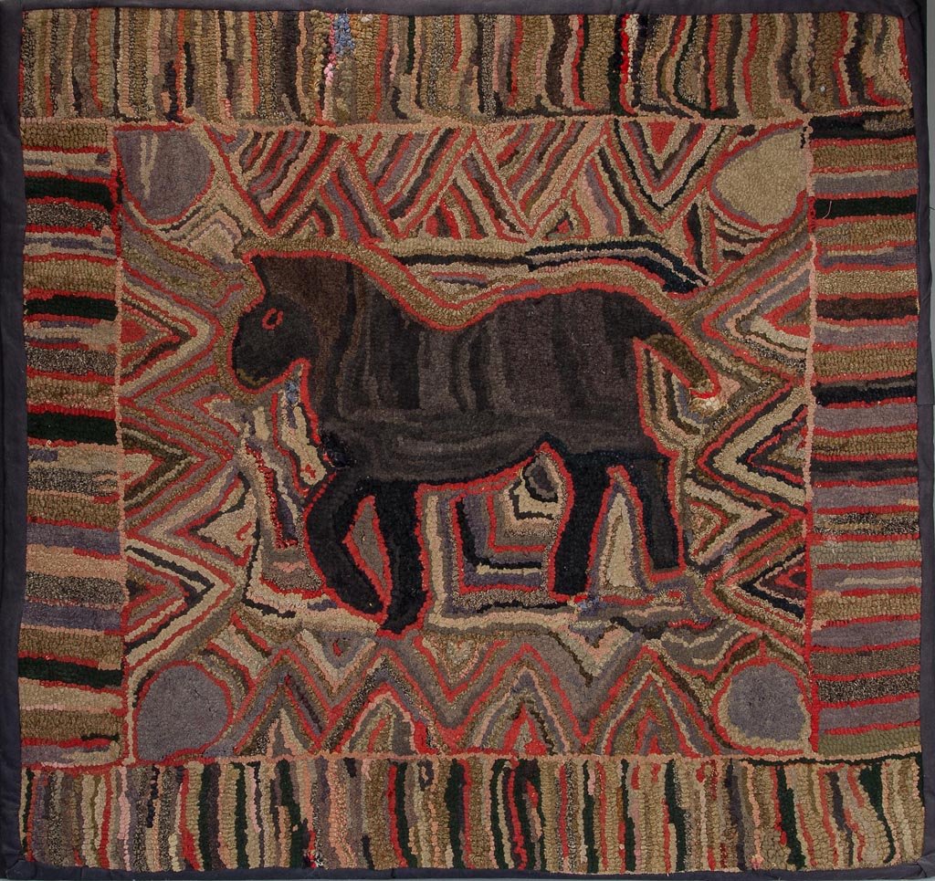 FINE AMERICAN FOLK ART HOOKED RUG: FINE AMERICAN FOLK ART HOOKED RUG, wool on burlap, a striking example of a prancing horse set against a striated background, now bound and mounted on frame for display. Discovered in the Shenandoah Va