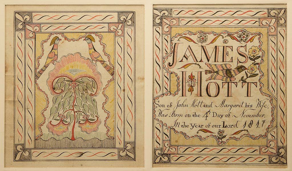FREDERICK CO., VIRGINIA RECORD BOOK ARTIST FRAKTUR: FREDERICK CO., VIRGINIA RECORD BOOK ARTIST FRAKTUR BIRTH RECORD, watercolor and ink on paper, on two sheets, made for James Hott, born in 1817, and featuring a double border with fleur de lys corner e