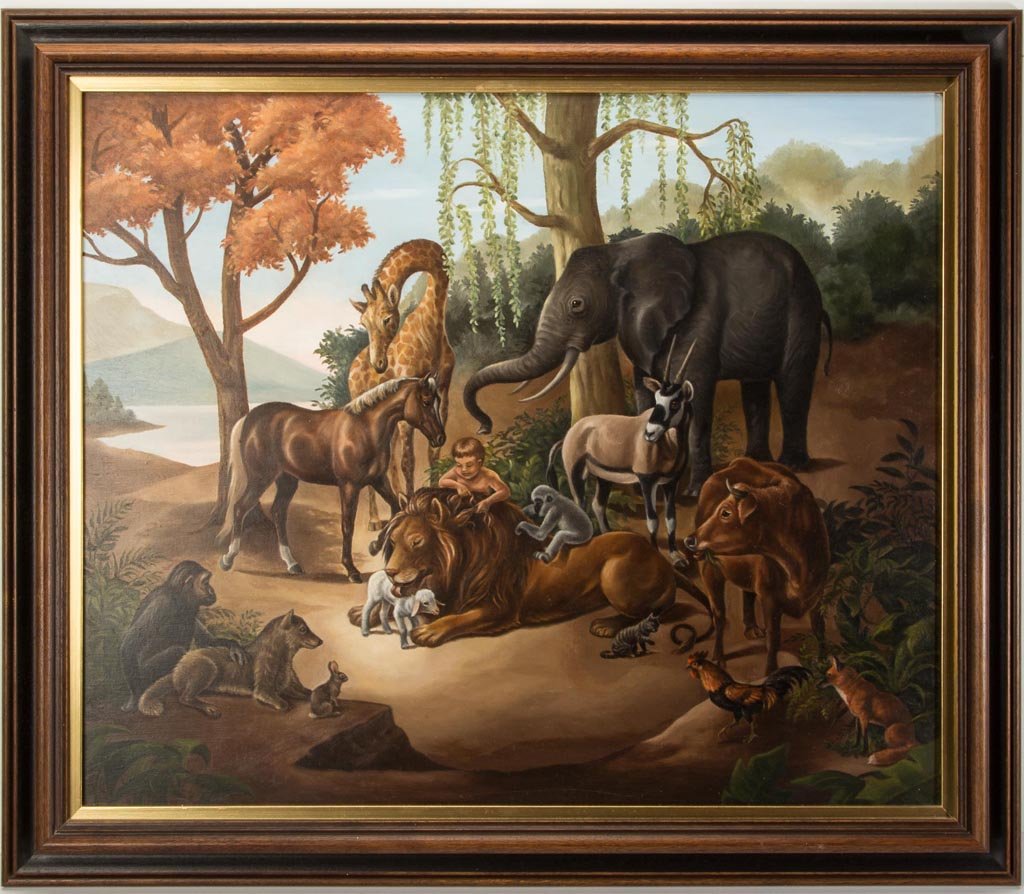 PATRICIA KARIG RUFFNER (1921-2004, VIRGINIA) PEACEABLE: PATRICIA KARIG RUFFNER (1921-2004, VIRGINIA) PEACEABLE KINGDOM PAINTING, oil on board, in the style of Edward Hicks, 1986 exhibition label verso. In contemporary frame. Circa 1985. 19 1/2" x 23 1/2" s