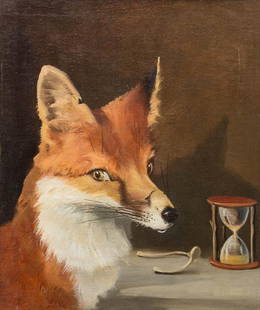 WESLEY DENNIS (AMERICAN, 1903-1966) ORIGINAL PAINTING: WESLEY DENNIS (AMERICAN, 1903-1966) ORIGINAL PAINTING, oil on board, depicting a sly-looking fox in front of a table set with an hourglass and a wishbone. Contemporary frame and matte. Attributed to W