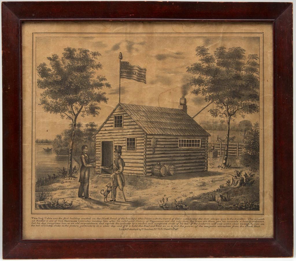 RARE HARRISON AND TYLER CAMPAIGN PRINT: RARE HARRISON AND TYLER CAMPAIGN PRINT, lithograph on paper, depicting William H. Harrison greeting a wounded soldier, described in the plate as a "comrade" from the "Victory at Tippecanoe", both stan