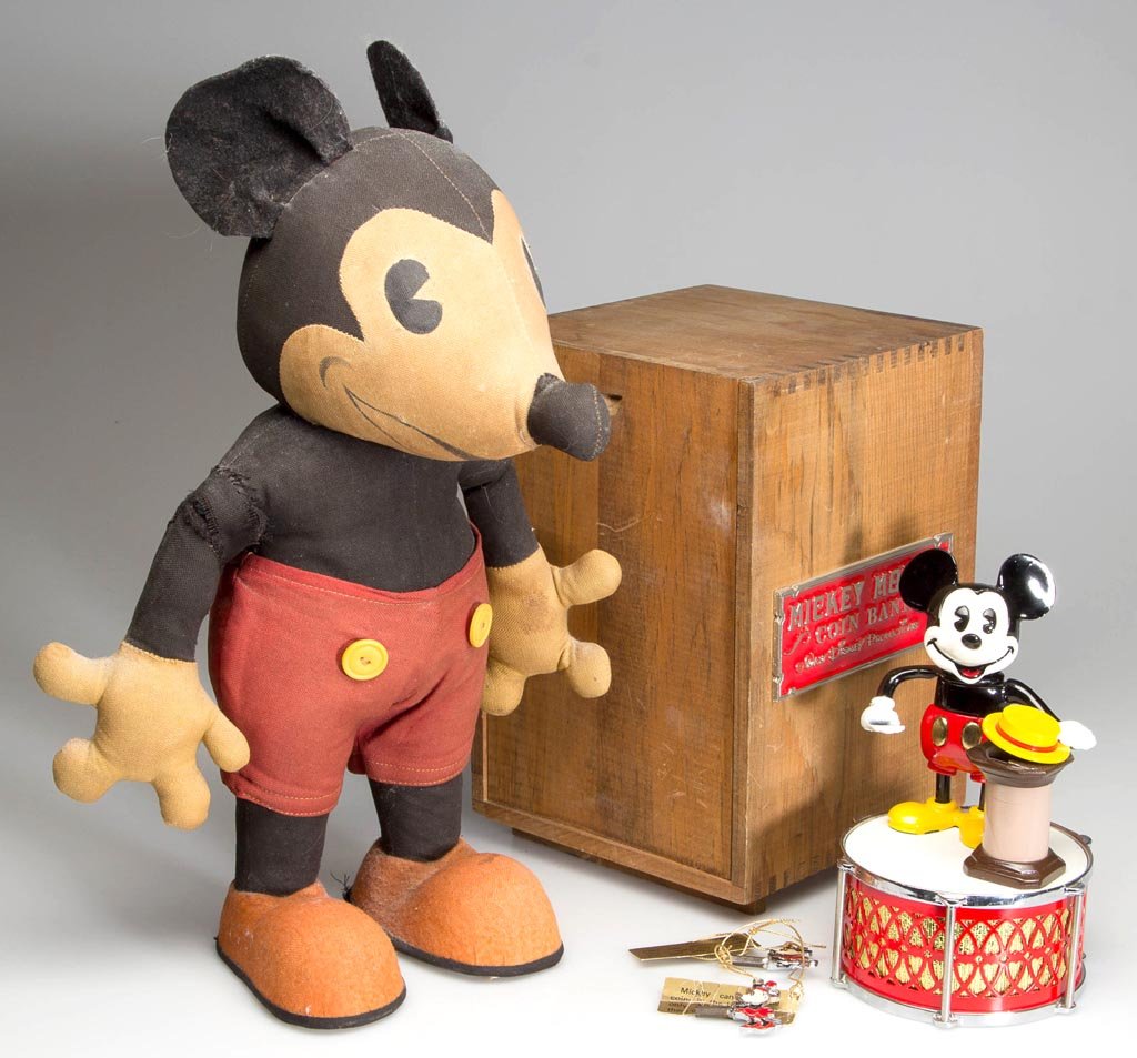 MICKEY MOUSE DOLL: MICKEY MOUSE DOLL, cloth and felt, with red britches and orange shoes. Together with a contemporary Mickey Mouse mechanical bank in original wooden box and with two keys. Two pieces total. Circa 1930-
