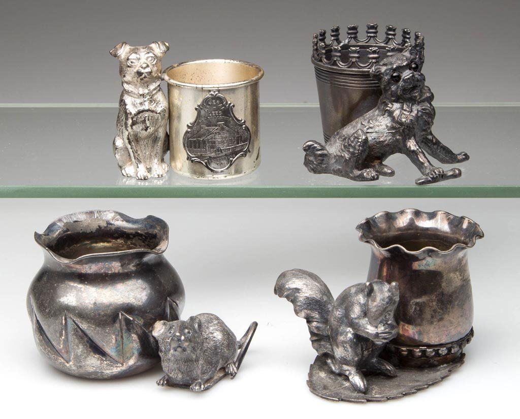 VICTORIAN SILVER-PLATE FIGURAL TOOTHPICK HOLDERS, LOT: VICTORIAN SILVER-PLATE FIGURAL TOOTHPICK HOLDERS, LOT OF FOUR, comprising two dogs, a squirrel, and a mouse, each beside the holder, one with souvenir plaque, markings include Rockford, James Tufts, a