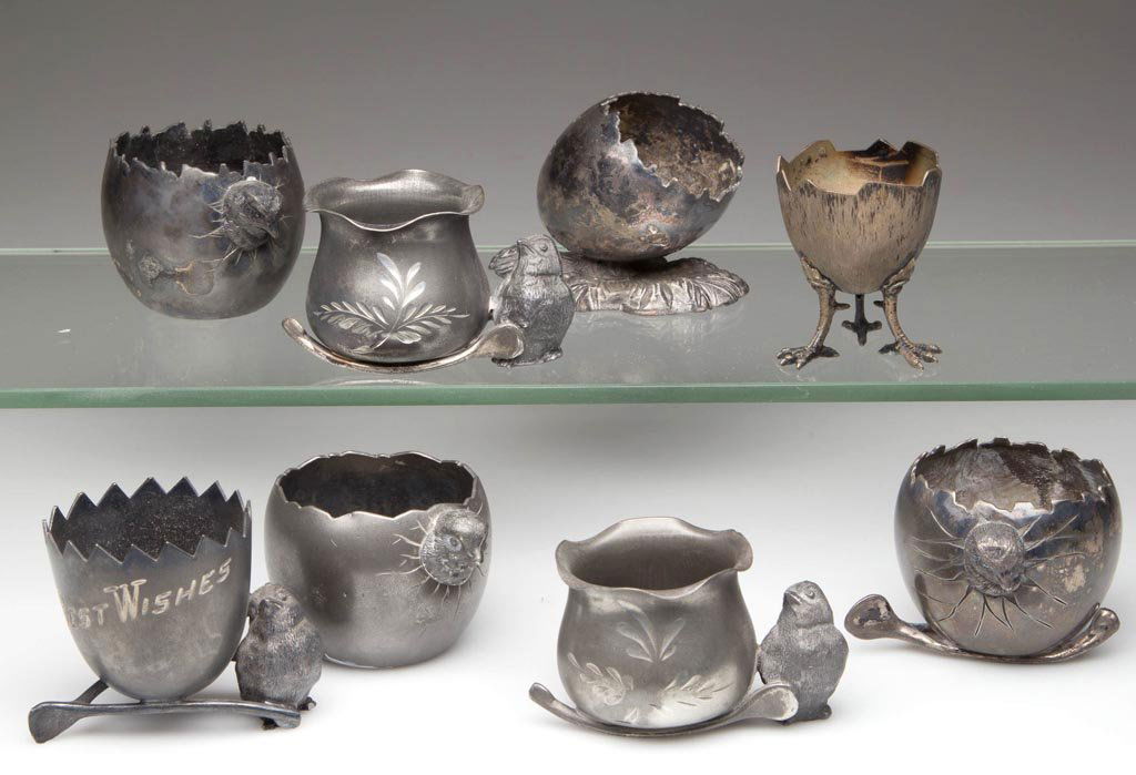 VICTORIAN SILVER-PLATE FIGURAL TOOTHPICK HOLDERS, LOT: VICTORIAN SILVER-PLATE FIGURAL TOOTHPICK HOLDERS, LOT OF EIGHT, each featuring a broken-top egg and/or bird, several with engraving, markings include Rogers, Smith & Co. and Homan. Fourth quarter 19th