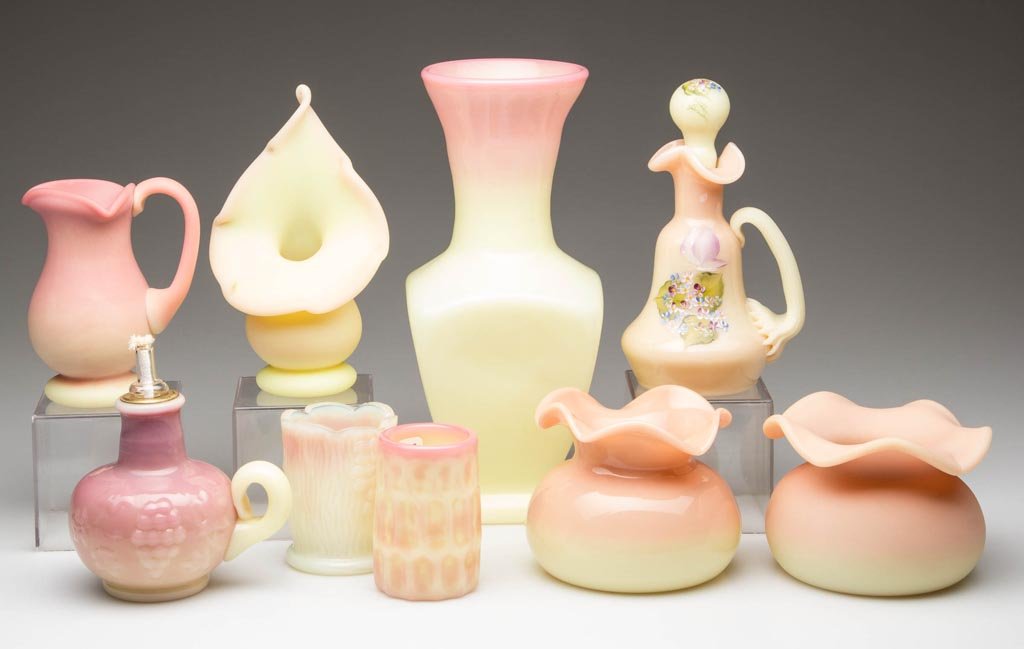 ASSORTED STUDIO BURMESE ART GLASS ARTICLES, LOT OF NINE: ASSORTED STUDIO BURMESE ART GLASS ARTICLES, LOT OF NINE, glossy and plush finishes, including Gary Levi Intaglio Art Glass Studio, three Gibson Studio, and St. Clair. Fourth quarter 20th century. 2 1/