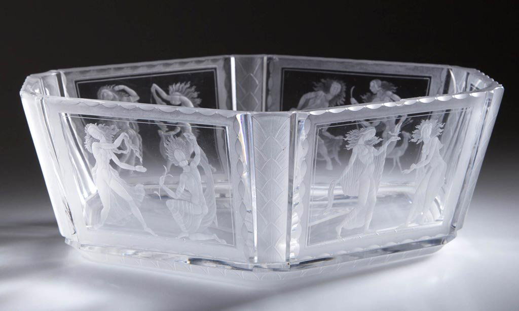 SWEDISH ORREFORS ARTIST SIGNED SIMON GATES CUT AND: SWEDISH ORREFORS ARTIST SIGNED SIMON GATES CUT AND ENGRAVED CRYSTAL BOWL, colorless with frosted pattern, hexagonal form with each panel depicting various scenes of dancing nude ladies, several with v
