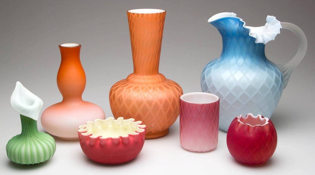 ASSORTED SATIN GLASS ARTICLES, LOT OF SEVEN: ASSORTED SATIN GLASS ARTICLES, LOT OF SEVEN, various colors, including a shaded apricot gourd-form vase and a deep rose finger bowl with creamy casing. Finger bowl probably Thomas Webb & Sons. Mostly