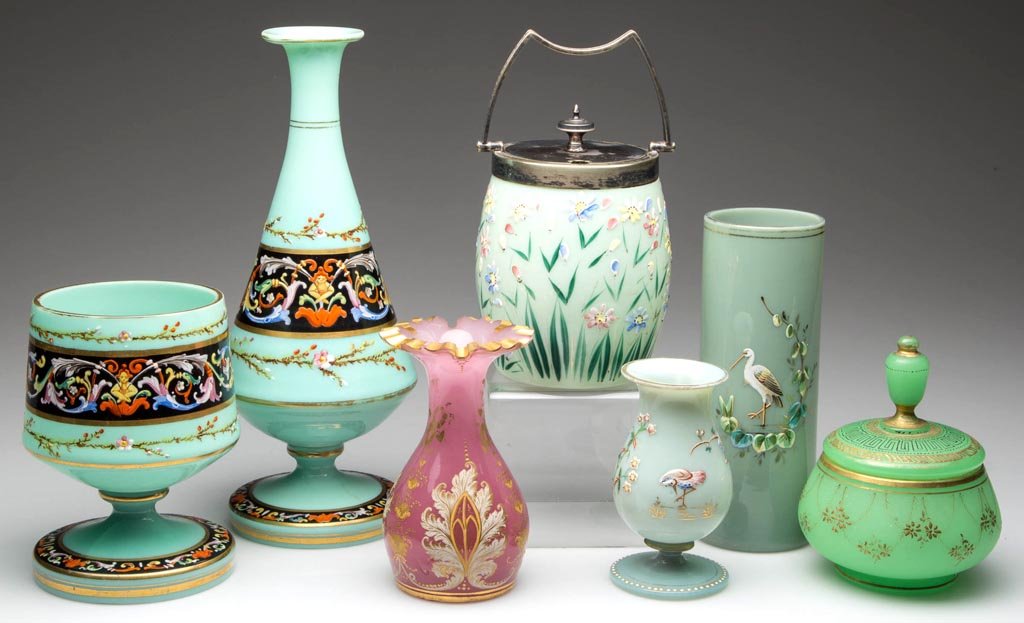 EUROPEAN DECORATED OPALINE ARTICLES, LOT OF SEVEN: EUROPEAN DECORATED OPALINE ARTICLES, LOT OF SEVEN, various shades of green and one rose, polychrome-enamel and/or gilt decorations, including a condiment barrel/jar with silver-plated mounts, and a po