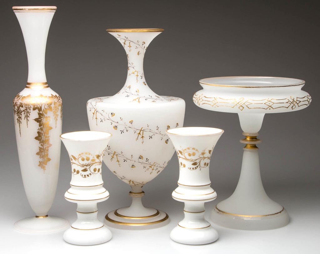 ASSORTED OPALINE AND OTHER ARTICLES, LOT OF FIVE: ASSORTED OPALINE AND OTHER ARTICLES, LOT OF FIVE, white, each with gilt decorations. Second half 19th/early 20th century. 6 1/2" to 13 3/4" H. Provenance: From the collection of Lorraine Galinsky, Lon