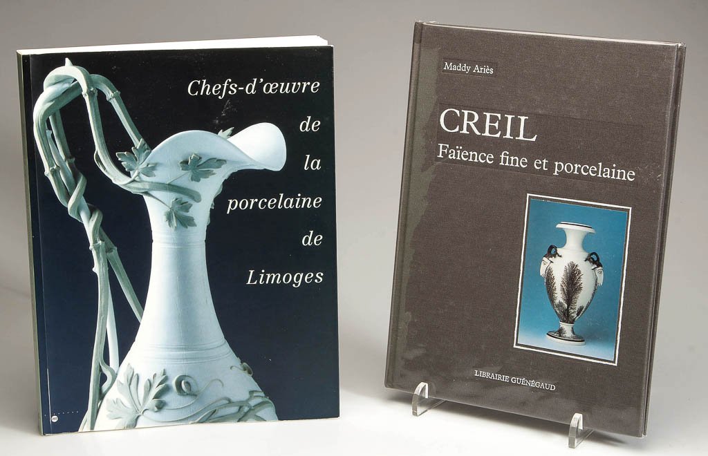 FRENCH PORCELAIN REFERENCE VOLUME: FRENCH PORCELAIN REFERENCE VOLUME, "Chefs-d'oeuvre de la porcelaine de Limoges" by Softcover.Together with a hard cover Aries, "Creil Faience fine et procelaine" with dust jacket. Two pieces total. Pr