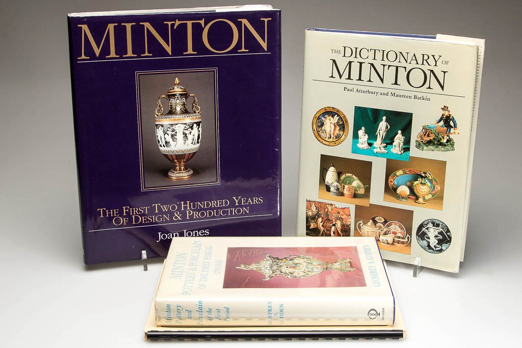 MINTON CERAMICS REFERENCE VOLUMES, LOT OF FOUR: MINTON CERAMICS REFERENCE VOLUMES, LOT OF FOUR, including Atterbury/Batkin, "The Dictionary of Minton", and Jones, "Minton". Three hard covers with dust jackets, and a spiral bound, soft cover. Proven