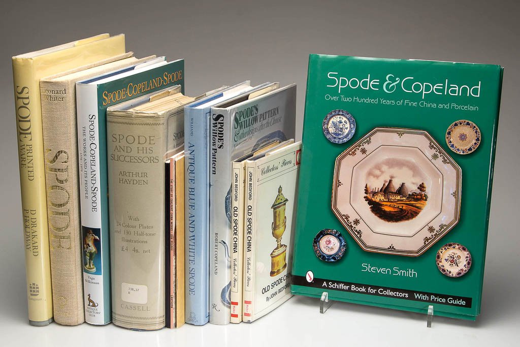 SPODE CERAMICS REFERENCE VOLUMES, LOT OF 12: SPODE CERAMICS REFERENCE VOLUMES, LOT OF 12, including Drakard/Holdway, "Spode Printed Ware", Smith, "Spode & Copeland", and Wilkinson, "Spode-Copeland-Spode". Hard and soft covers, eight with dust ja
