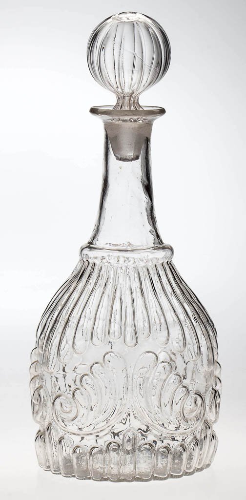 BLOWN-MOLDED GV-8 QUART DECANTER: BLOWN-MOLDED GV-8 QUART DECANTER, colorless, plain neck, flanged mouth, plain base with rough pontil mark, pattern-molded type 28 stopper with 12 ribs. Boston & Sandwich Glass Co. Circa 1825-1840. 11 