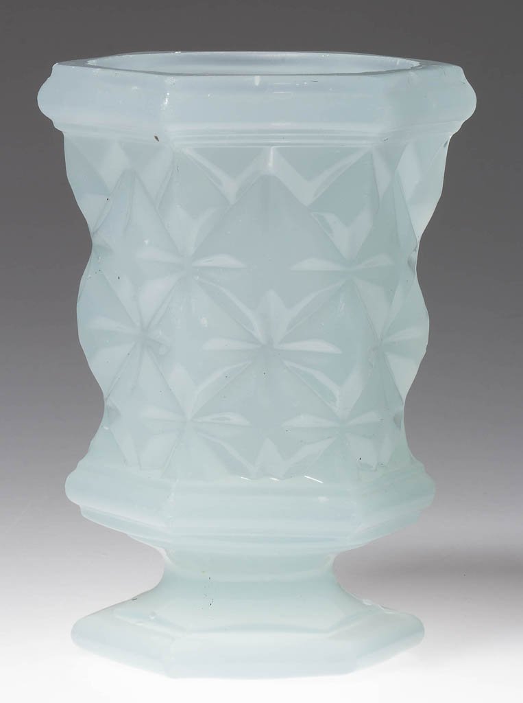 PRESSED SANDWICH STAR SPOON HOLDER / SPILL: PRESSED SANDWICH STAR SPOON HOLDER / SPILL, bluish alabaster/clambroth, hexagonal bowl raised on a single-step hexagonal foot with a polished pontil mark, factory polished rim. Boston & Sandwich Glass