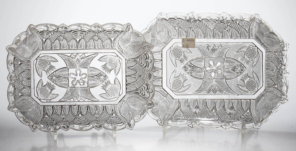 PRESSED LACY PINEAPPLE AND GOTHIC ARCH DISHES, LOT TWO: PRESSED LACY PINEAPPLE AND GOTHIC ARCH DISHES, LOT TWO, colorless, each oblong octagonal form with scallop and point rim, smaller example without center stippling and with a rope to the outer rim, lar