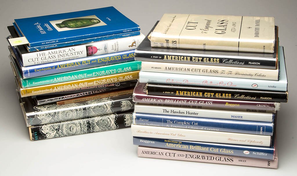 AMERICAN CUT GLASS REFERENCE VOLUMES, LOT OF 24: AMERICAN CUT GLASS REFERENCE VOLUMES, LOT OF 24, including J. Michael Pearson's Volumes I, II, and III "Encyclopedia of American Cut and Engraved Glass"; Jane Shadell Spillman, "The American Cut Glass