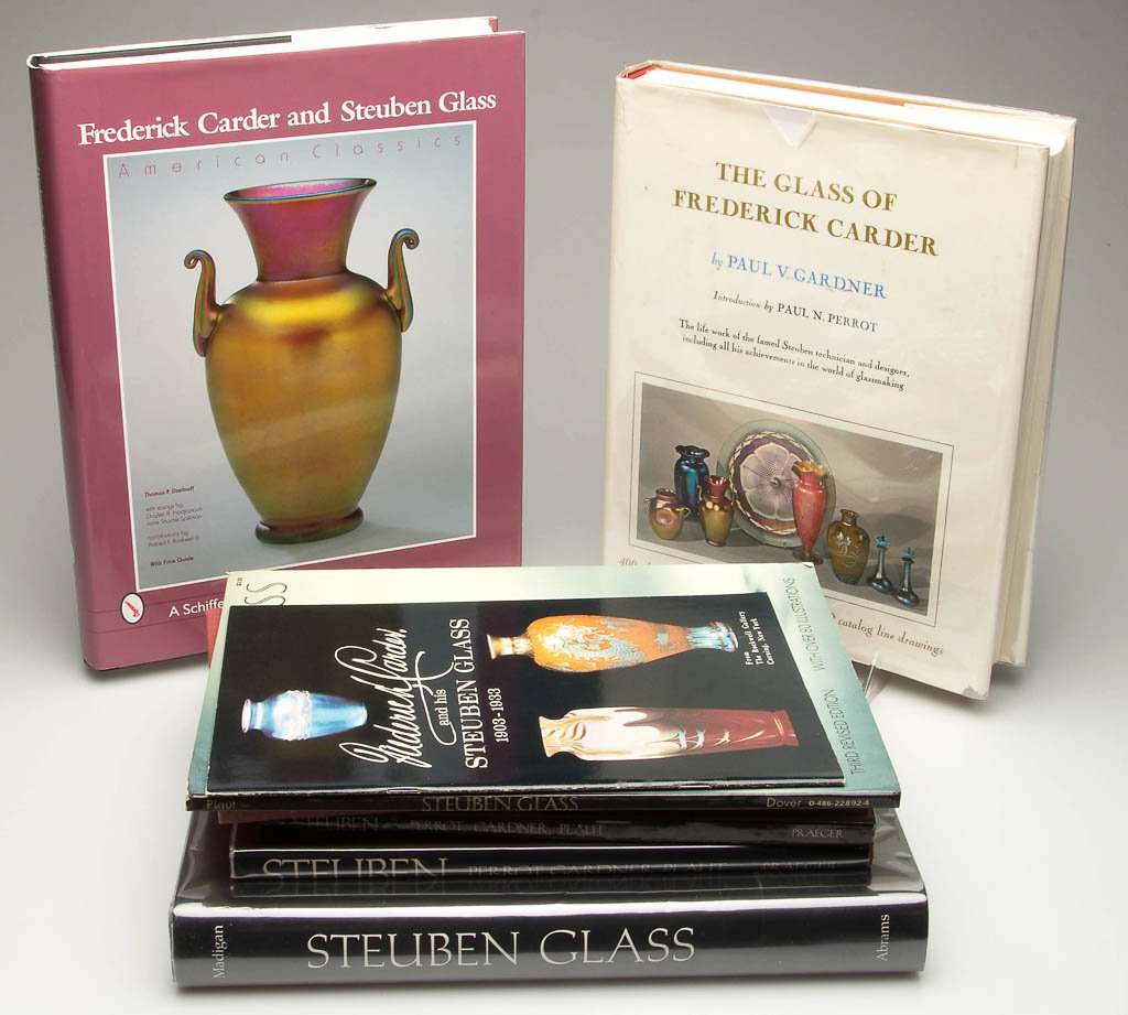 STEUBEN GLASS REFERENCE VOLUMES, LOT OF EIGHT: STEUBEN GLASS REFERENCE VOLUMES, LOT OF EIGHT, including Thomas P. Dimitroff's "Frederick Carder and Steuben Glass American Classics", signed by author along with personal note; Paul V. Gardner's "The