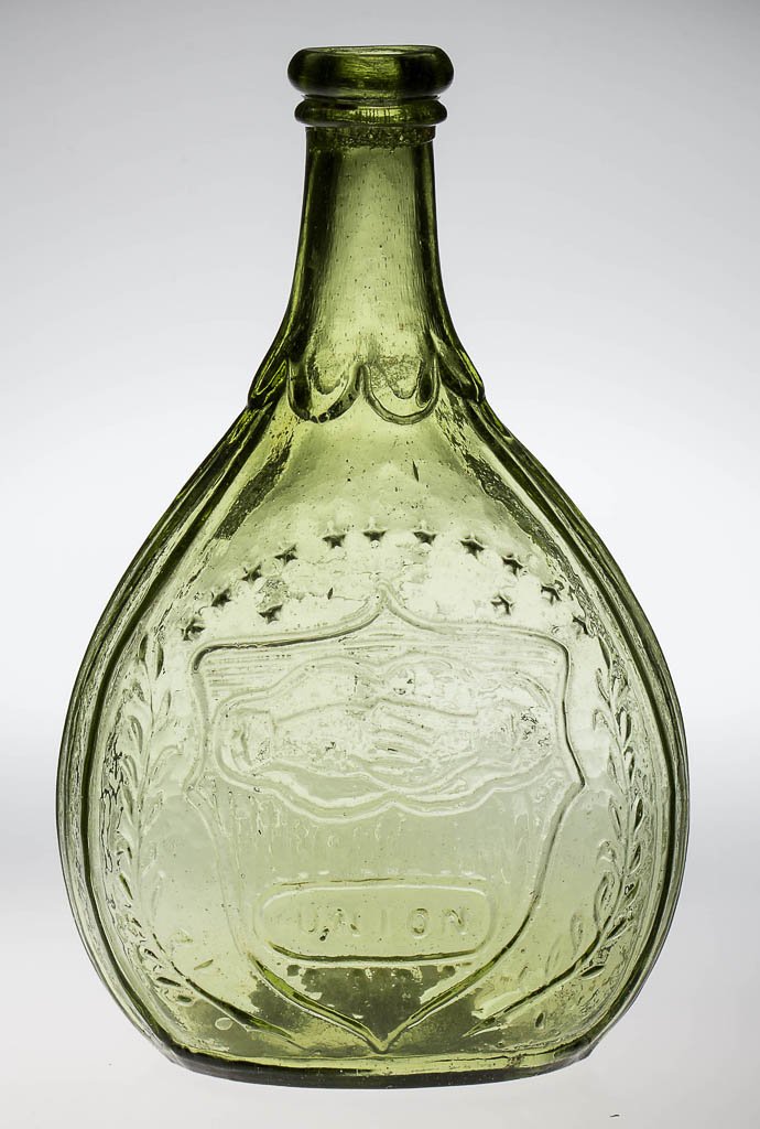 GIV-42 (MAJOR VARIANT) CLASPED HANDS / EAGLE PICTORIAL: GIV-42 (MAJOR VARIANT) CLASPED HANDS / EAGLE PICTORIAL CALABASH FLASK, bright yellow green/citron, shield side similar to GXII-23 with vertical stripes but without Masonic emblem, embossed "UNION" in 