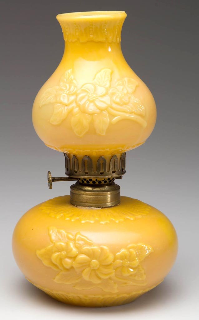 NEW MARTINSVILLE ROSE VIKING MINIATURE LAMP: NEW MARTINSVILLE ROSE VIKING MINIATURE LAMP, rare salmon/butterscotch opaque glass, matching chimney-shade. Period burner with thumbwheel marked "H.B. & H. TWIGHLIGHT". New Martinsville Glass Co. Circ