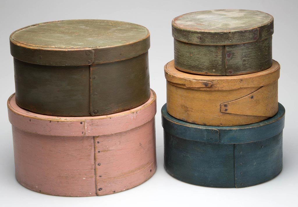 AMERICAN PAINTED BENTWOOD PANTRY BOXES, LOT OF FIVE: AMERICAN PAINTED BENTWOOD PANTRY BOXES, LOT OF FIVE, graduated circular forms with tacked lap construction, one with copper tacks, one stamped Hayward under base. Most paint appears original, one with