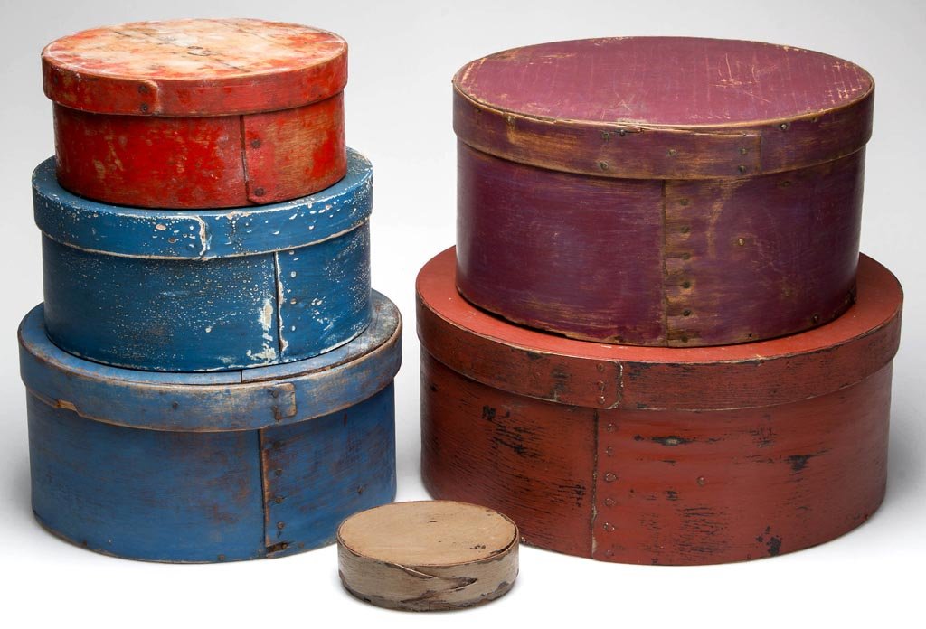 AMERICAN PAINTED BENTWOOD PANTRY BOXES, LOT OF SIX: AMERICAN PAINTED BENTWOOD PANTRY BOXES, LOT OF SIX, graduated circular forms with tacked lap construction, two with copper tacks. Some later or retouched painted surfaces. Second half 19th century. 4"