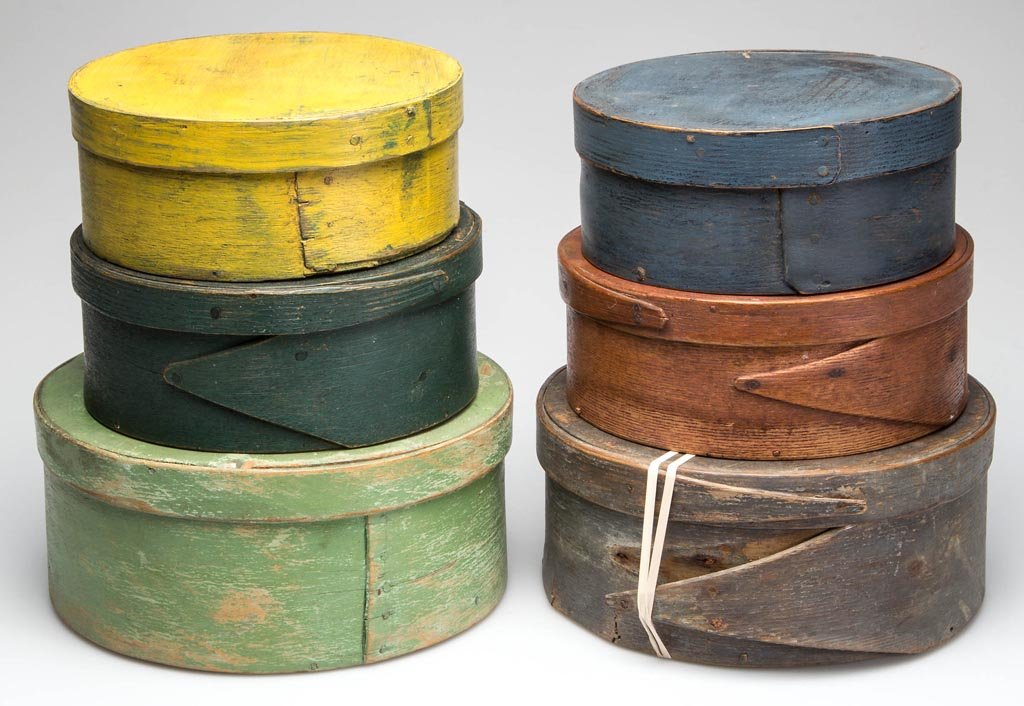 AMERICAN PAINTED BENTWOOD PANTRY BOXES, LOT OF SIX: AMERICAN PAINTED BENTWOOD PANTRY BOXES, LOT OF SIX, each of circular form with tacked lap construction, one with copper tacks. Some later or retouched painted surfaces. Second half 19th century. 6 1/4