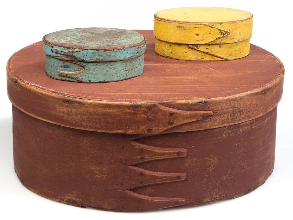 AMERICAN PAINTED BENTWOOD PANTRY BOXES, LOT OF THREE: AMERICAN PAINTED BENTWOOD PANTRY BOXES, LOT OF THREE, each of oval form with tacked finger-lap construction, two with copper tacks. Later or retouched painted surfaces. Second half 19th century. 3 1/8
