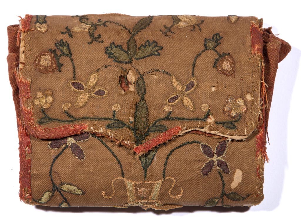 VIRGINIA INTEREST NEEDLEWORK PURSE: VIRGINIA INTEREST NEEDLEWORK PURSE, two-pocket form embroidered with an urn and flowers. Contents include a card for A. J. Montague, Attorney at Law, Danville, VA, an 1898 letter to Montague from a Ly