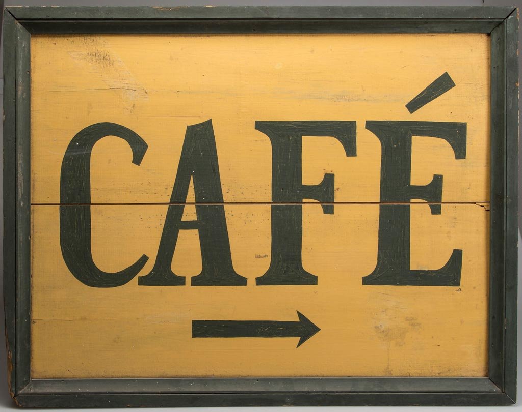 AMERICAN PAINTED WOOD "CAFÉ" SIGN: AMERICAN PAINTED WOOD "CAFÉ" SIGN, rectangular double-sided form with applied molded frame, mounting holes to underside of frame. Paint probably later. 20th century. 24 1/2" x 31 1/2". Provenance: Fr