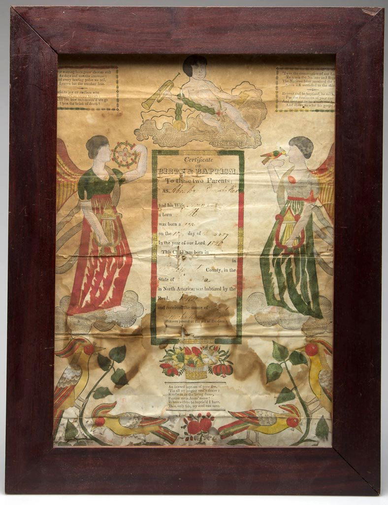 ISAAC BREWBAKER (BRUBAKER), BOTETOURT CO., VALLEY OF: ISAAC BREWBAKER (BRUBAKER), BOTETOURT CO., VALLEY OF VIRGINIA BIRTH AND BAPTISMAL CERTIFICATE / FRAKTUR, watercolor and ink on a printed paper form, written and decorated by Shenandoah Valley schoolma