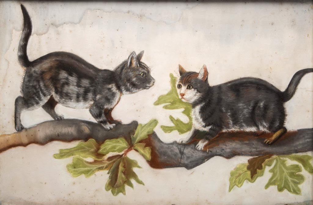 AMERICAN FOLK ART CAT DRAWING: AMERICAN FOLK ART CAT DRAWING, charcoal/pastel on paper, a fine example featuring two kittens perched on an oak tree branch. Housed under glass in a period molded composition frame with several inscri