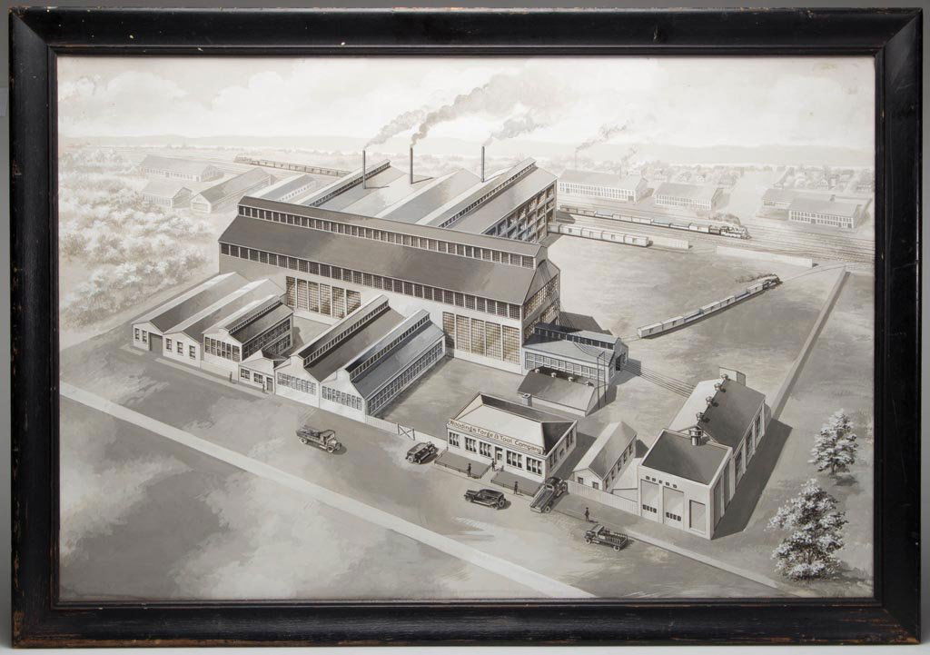 WOODINGS FORGE & TOOL COMPANY, PITTSBURGH, PENNSYLVANIA: WOODINGS FORGE & TOOL COMPANY, PITTSBURGH, PENNSYLVANIA ARCHITECTURAL DRAWING, ink, graphite, and gouache on paper, a fine example of American industrial-themed art, depicting an ideal facility, clean