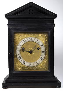 SAMUEL BETTS (LONDON, ACTIVE 1645-1673) E BRACKET CLOCK: SAMUEL BETTS (LONDON, ACTIVE 1645-1673) EBONIZED BRACKET CLOCK, engraved brass dial signed "Samuel Betts Londini" in script at lower edge, double-fusee movement, housed in an ebonized case with separa