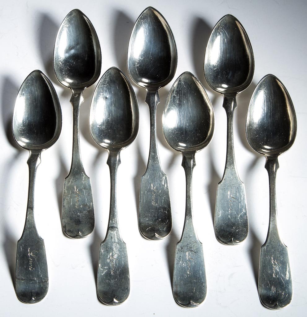 AMERICAN COIN SILVER TEASPOONS, SET OF SEVEN: AMERICAN COIN SILVER TEASPOONS, SET OF SEVEN, each forward-tipped fiddle handle marked with three hallmarks and "BAILEY & CO." for Joseph T. Bailey, F. W. Bailey, etc., "Lewis" monogram. Total weight: